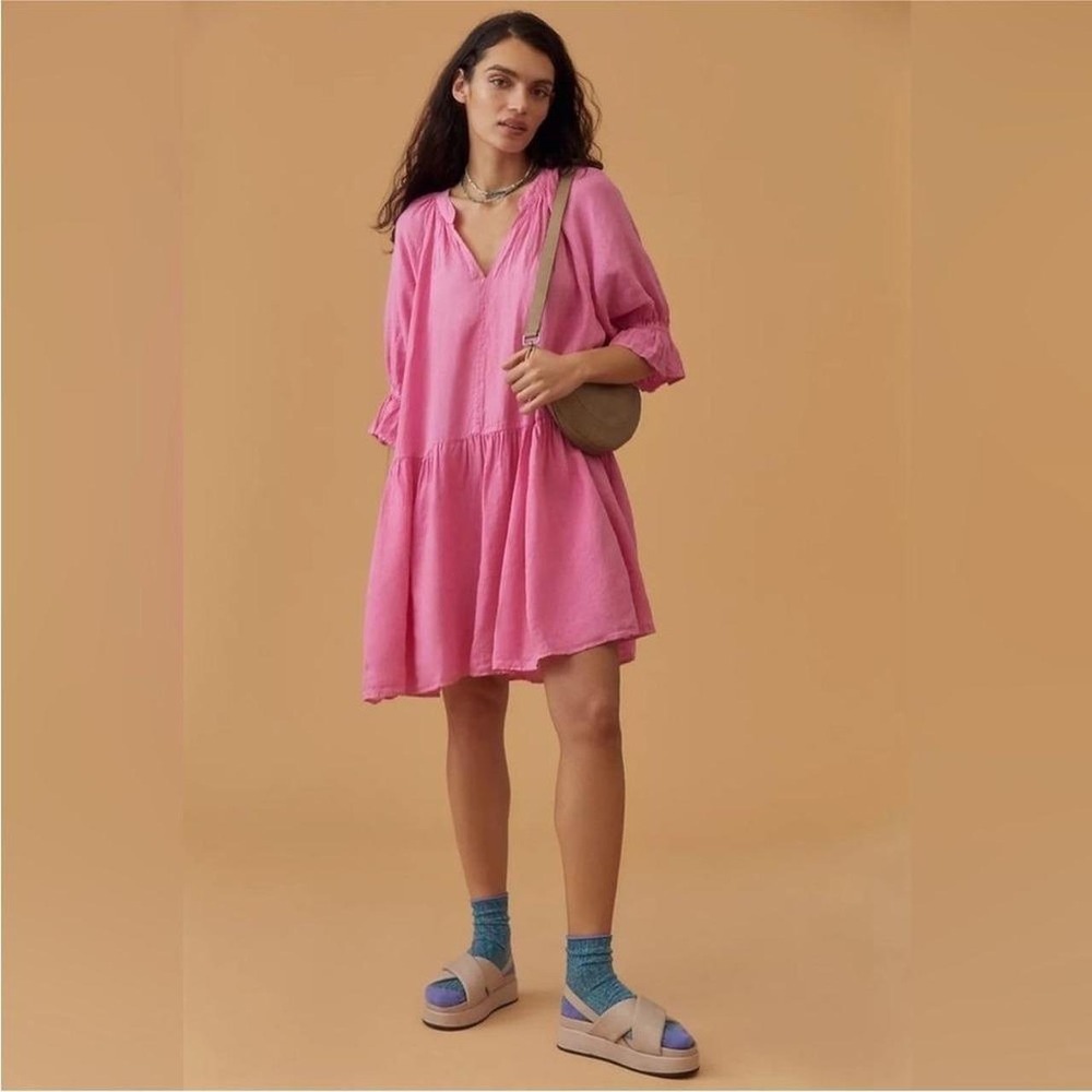 Velvet by Graham & Spencer Pink 100% Linen Tiered Mini Dress Ruffle‎ Sleeve S